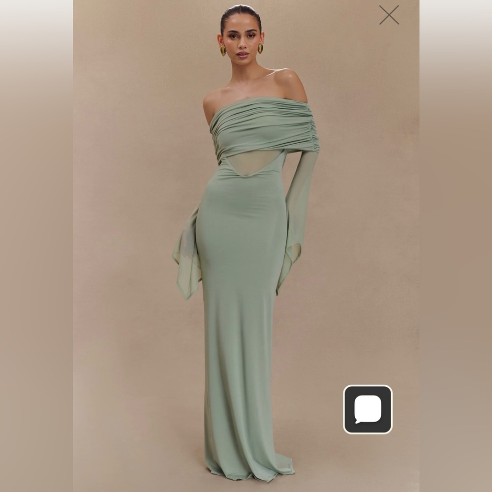 Meshki Sage Green Off-Shoulder Evening Gown